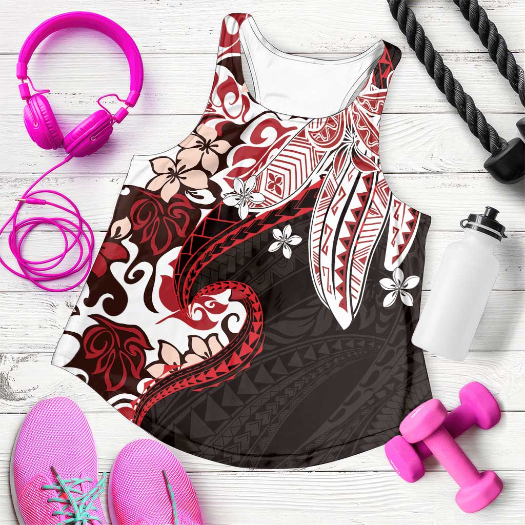 Monstera Plumeria Flowers Red Women Racerback Tank Polynesian Pattern LT01 Red - Polynesian Pride