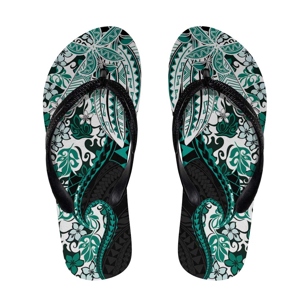 Monstera Plumeria Flowers Teal Flip Flops Polynesian Pattern LT01 Teal - Polynesian Pride
