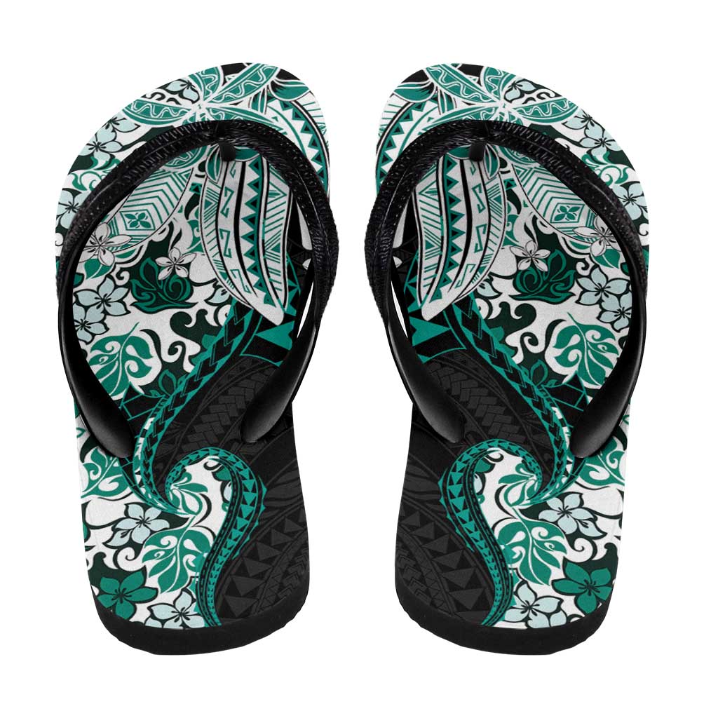 Monstera Plumeria Flowers Teal Flip Flops Polynesian Pattern LT01 - Polynesian Pride