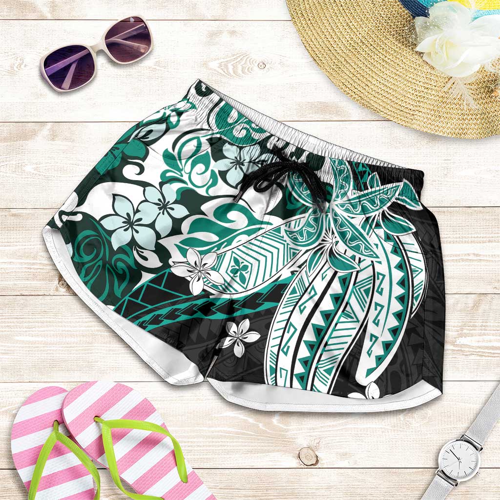 Monstera Plumeria Flowers Teal Shorts for Women Polynesian Pattern LT01 Teal - Polynesian Pride