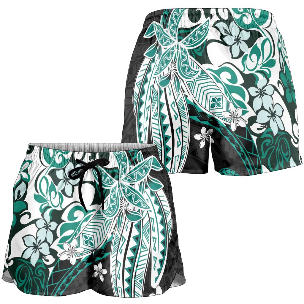 Monstera Plumeria Flowers Teal Shorts for Women Polynesian Pattern LT01 - Polynesian Pride