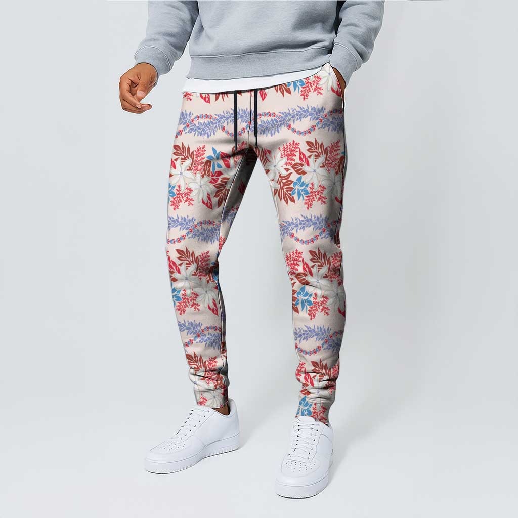 Monstera Tiare Plumeria Lei Pattern Jogger Pants Red Version