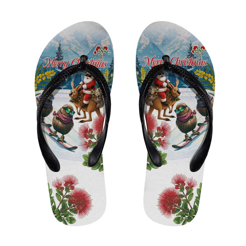New Zealand and Australia Merry Christmas Flip Flops Kiwi Birds Skiing and Koala Santa Riding Kangaroo LT03 Multicolor - Polynesian Pride
