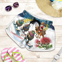 New Zealand and Australia Merry Christmas Shorts for Women Kiwi Birds Skiing and Koala Santa Riding Kangaroo
