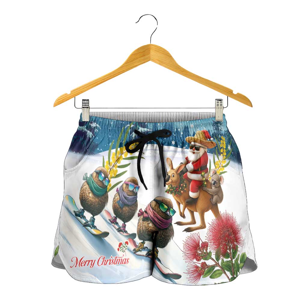 New Zealand and Australia Merry Christmas Shorts for Women Kiwi Birds Skiing and Koala Santa Riding Kangaroo
