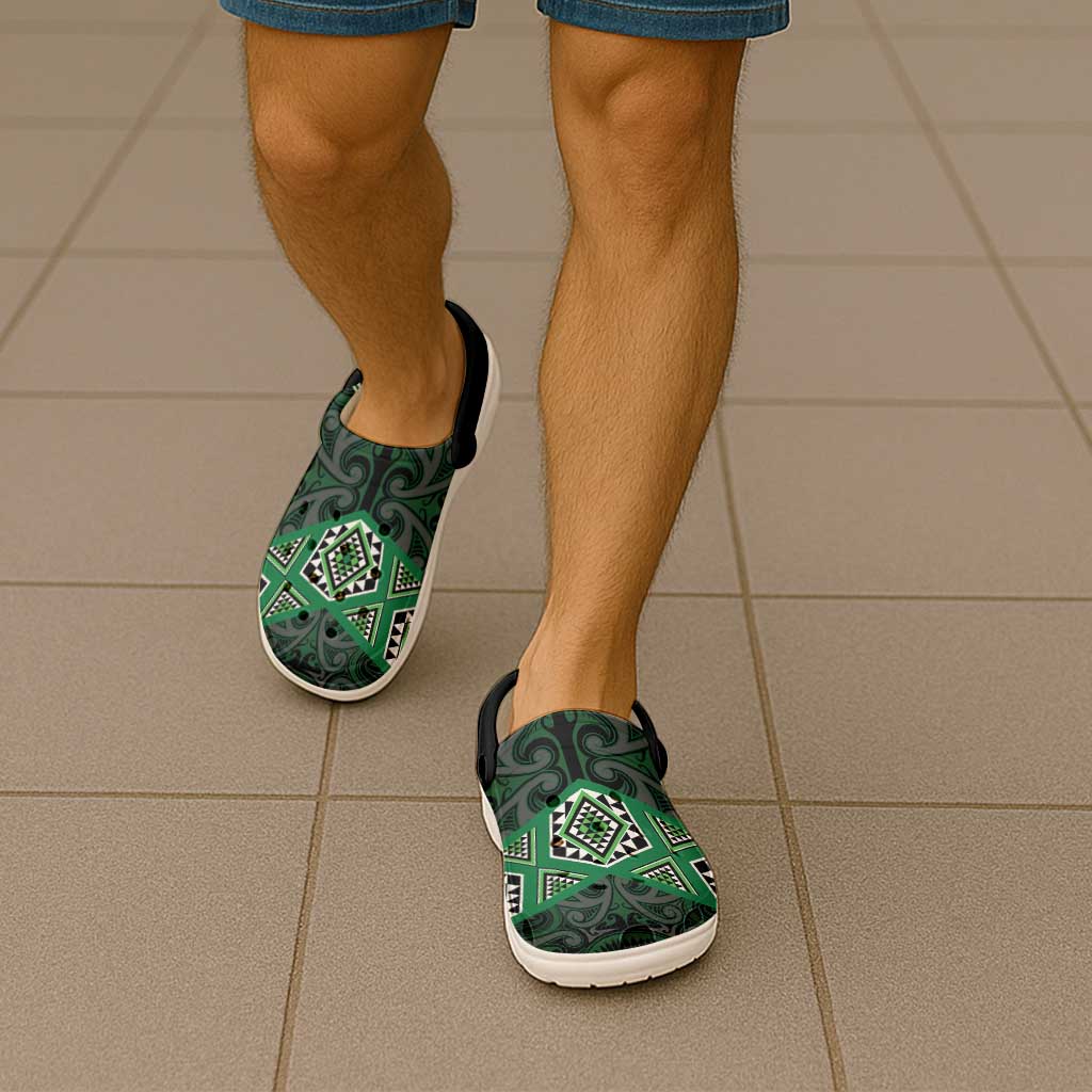 New Zealand Aotearoa Clogs Shoes Green Taniko Art Maori Pattern - Polynesian Pride