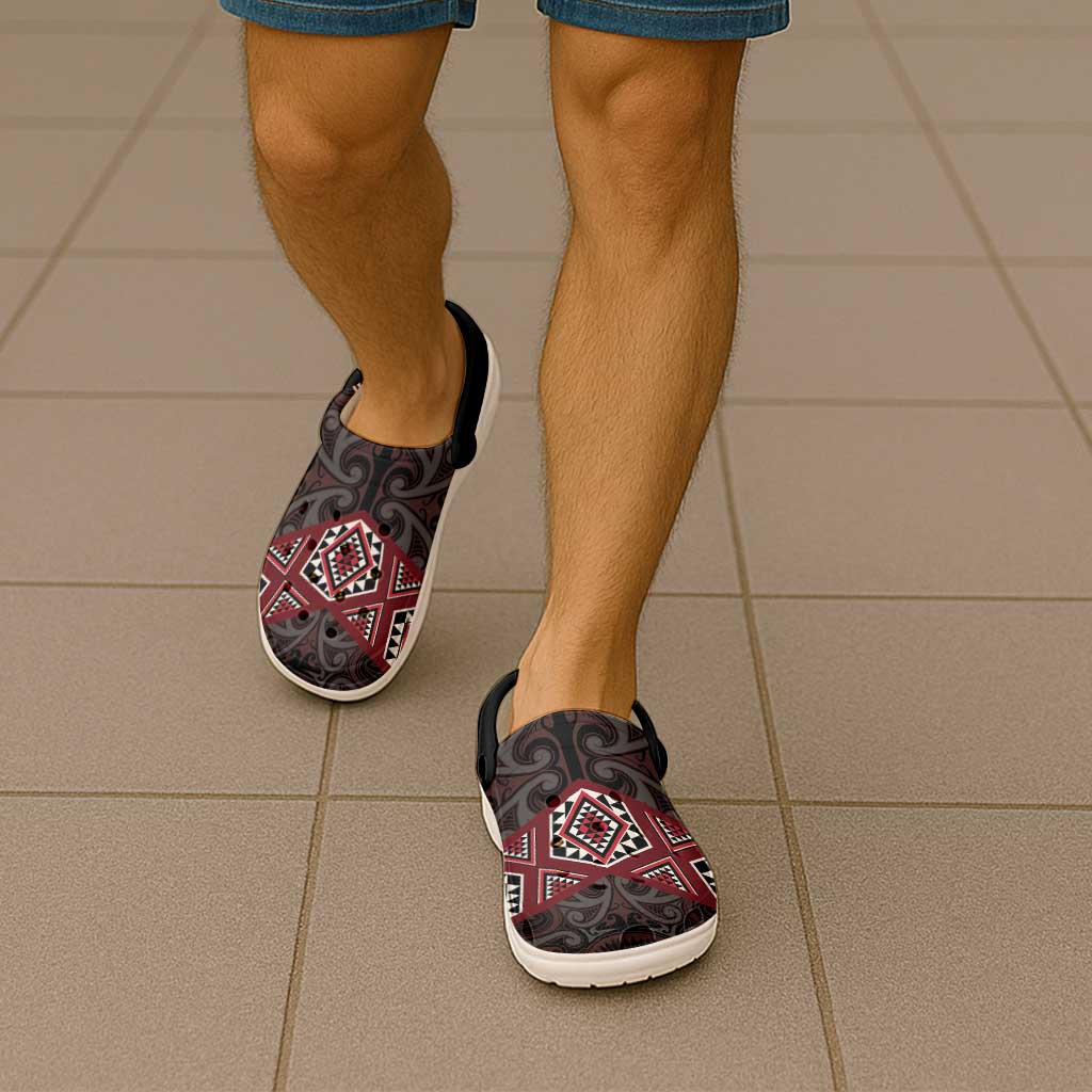 New Zealand Aotearoa Clogs Shoes Red Taniko Art Maori Pattern - Polynesian Pride