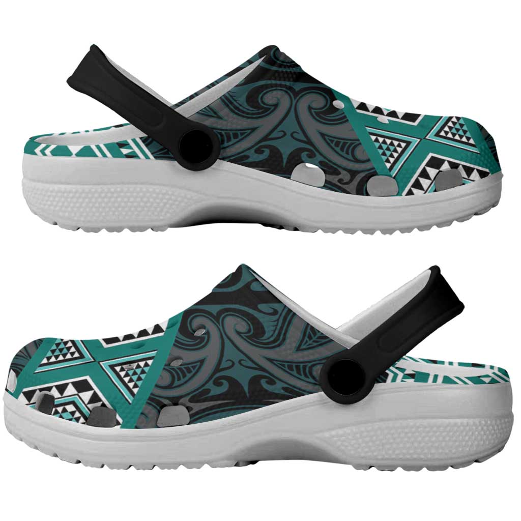 New Zealand Aotearoa Clogs Shoes Turquoise Taniko Art Maori Pattern - Polynesian Pride