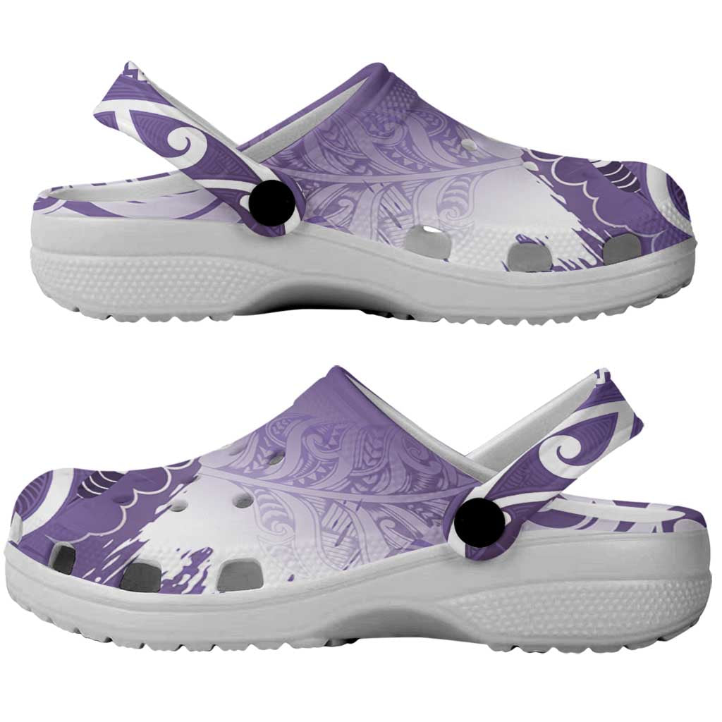 New Zealand Aotearoa Darts Masters Clogs Shoes Maori Art Tattoo with Tribal Dart Symbol Purple - Polynesian Pride
