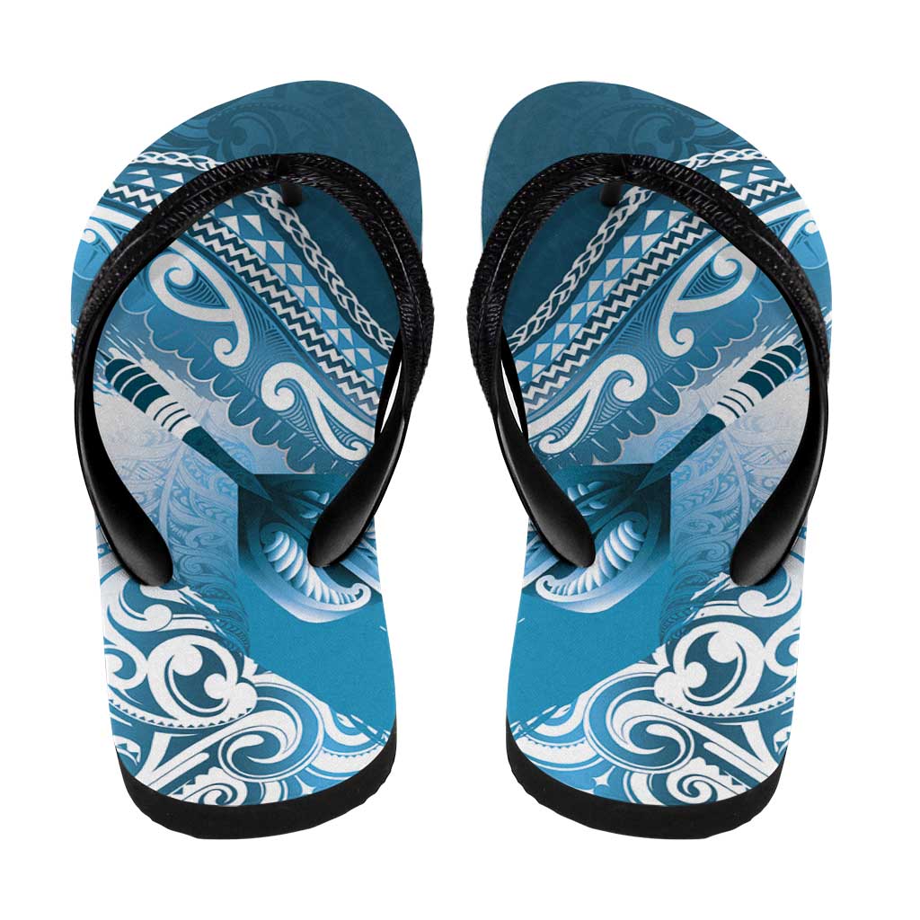 New Zealand Aotearoa Darts Masters Flip Flops Maori Art Tattoo with Tribal Dart Symbol Blue - Polynesian Pride
