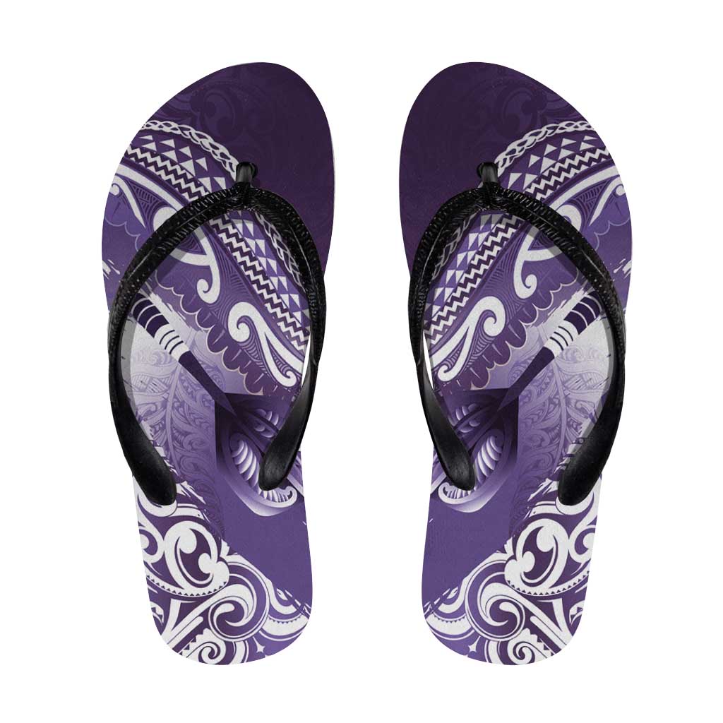 New Zealand Aotearoa Darts Masters Flip Flops Maori Art Tattoo with Tribal Dart Symbol Purple - Polynesian Pride