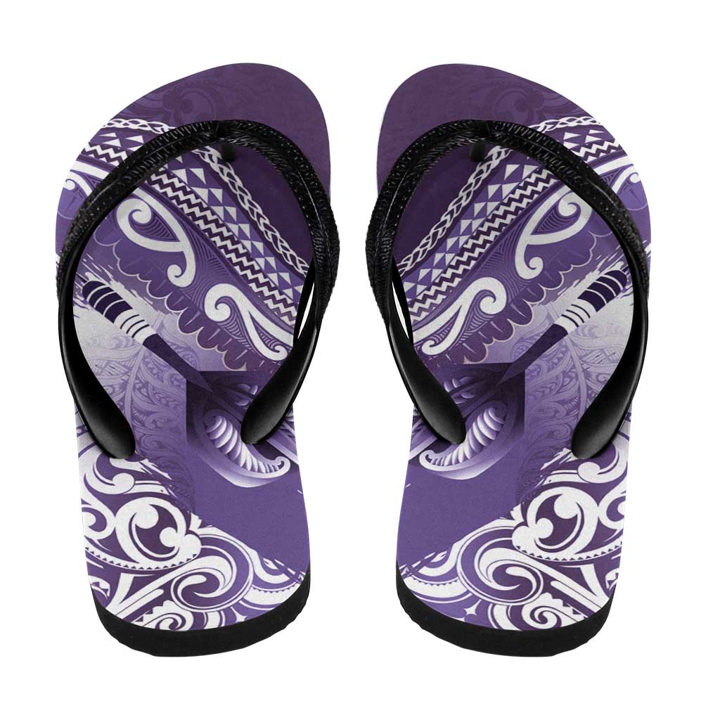 New Zealand Aotearoa Darts Masters Flip Flops Maori Art Tattoo with Tribal Dart Symbol Purple - Polynesian Pride