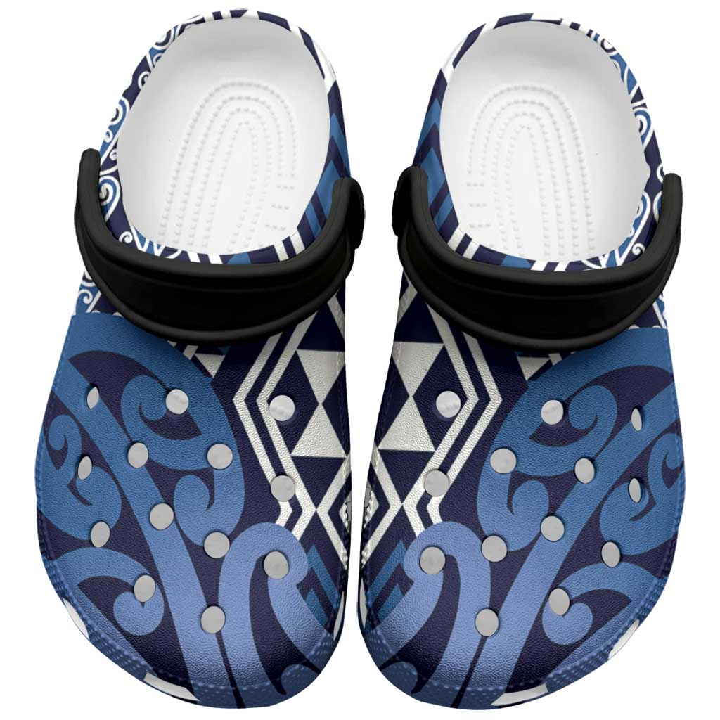 New Zealand Clogs Shoes Aotearoa Kowhaiwhai Mix Taniko Art - Blue LT14 Blue - Polynesian Pride