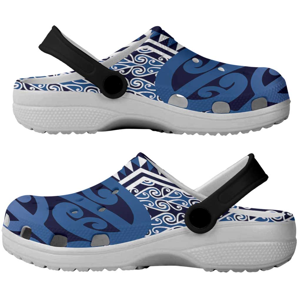 New Zealand Clogs Shoes Aotearoa Kowhaiwhai Mix Taniko Art - Blue LT14 - Polynesian Pride