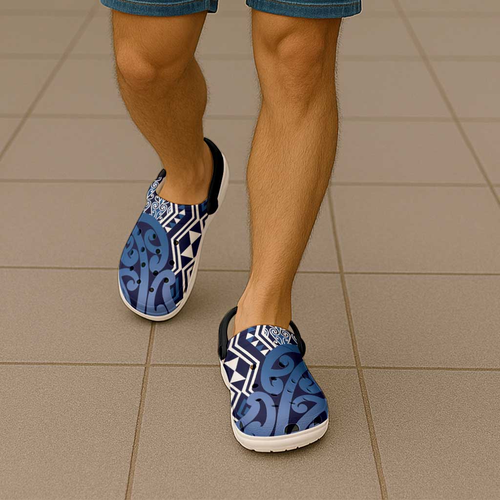 New Zealand Clogs Shoes Aotearoa Kowhaiwhai Mix Taniko Art - Blue LT14 - Polynesian Pride