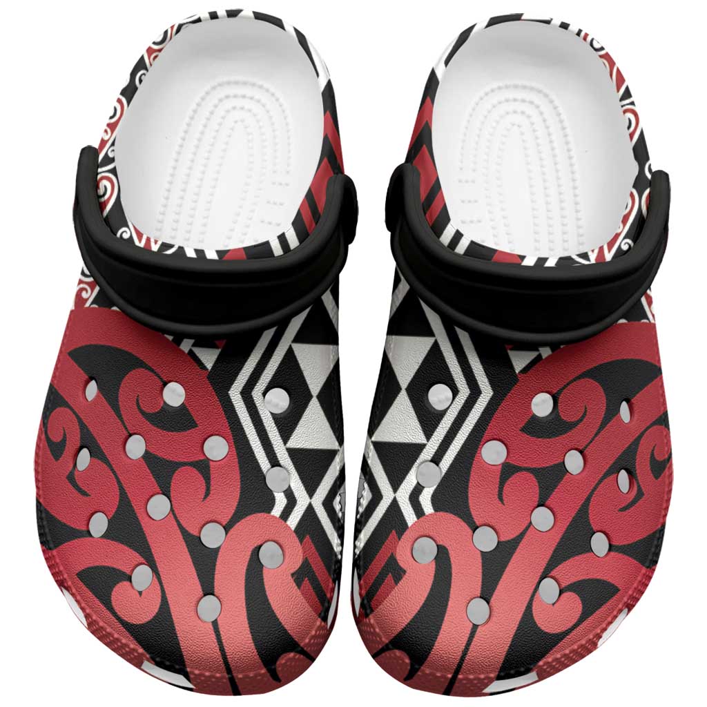 New Zealand Clogs Shoes Aotearoa Kowhaiwhai Mix Taniko Art - Red