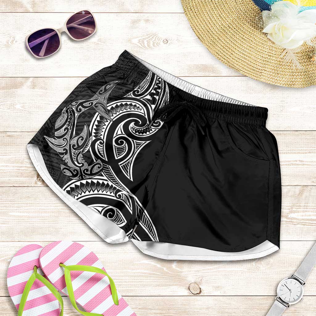 New Zealand Hammerhead Shark Shorts for Women Maori Haehae Mangopare Black - Polynesian Pride