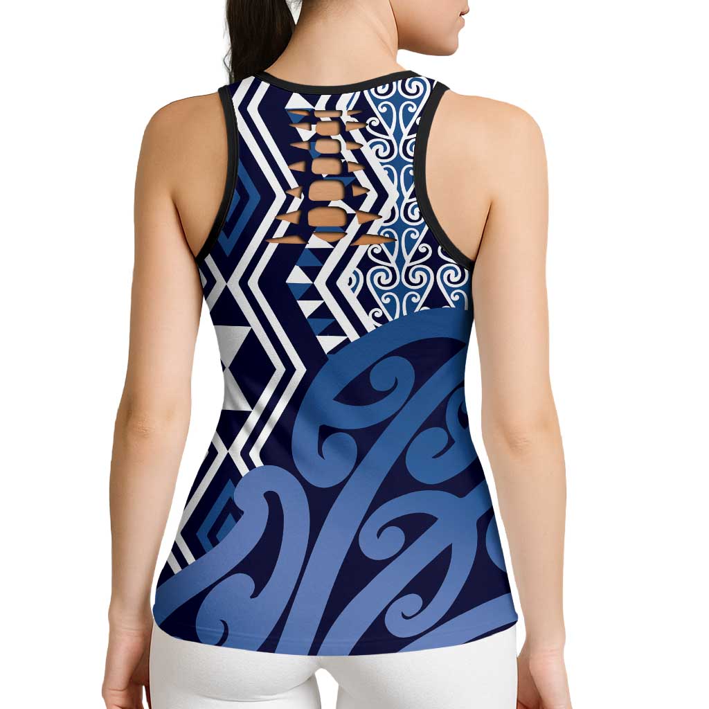 New Zealand Hollow Tank Top Aotearoa Kowhaiwhai Mix Taniko Art - Blue LT14 - Polynesian Pride
