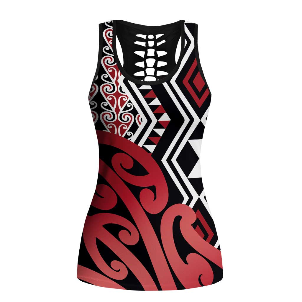 New Zealand Hollow Tank Top Aotearoa Kowhaiwhai Mix Taniko Art - Red LT14 Female Red - Polynesian Pride
