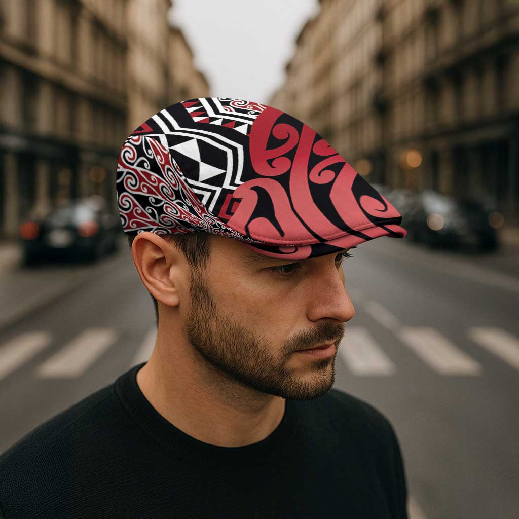 New Zealand Jeff Hat Aotearoa Kowhaiwhai Mix Taniko Art - Red LT14 - Polynesian Pride