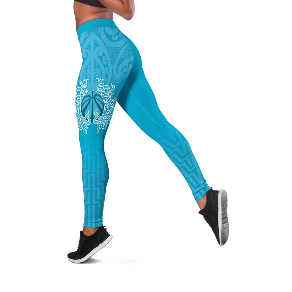 New Zealand Leggings Fire Basketball Maori Tribal Sky Blue - Polynesian Pride