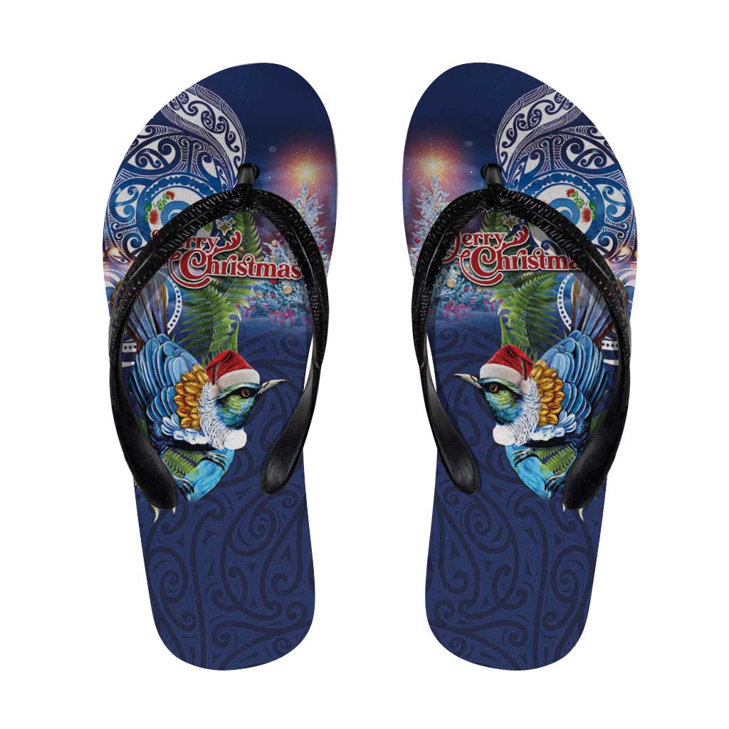 New Zealand Merry Christmas Flip Flops Maori Tribal Pattern with Xmas Tui Bird LT03 Multicolor - Polynesian Pride