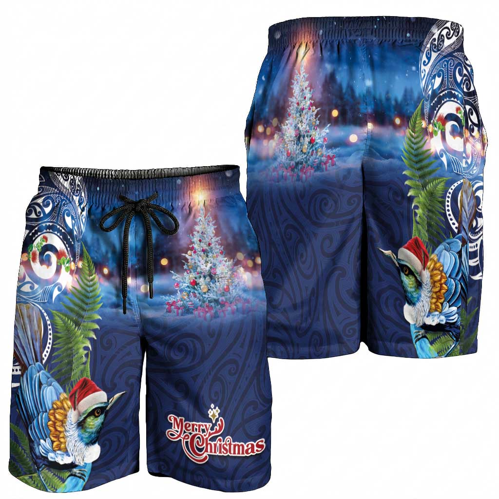 New Zealand Merry Christmas Shorts for Men Maori Tribal Pattern with Xmas Tui Bird