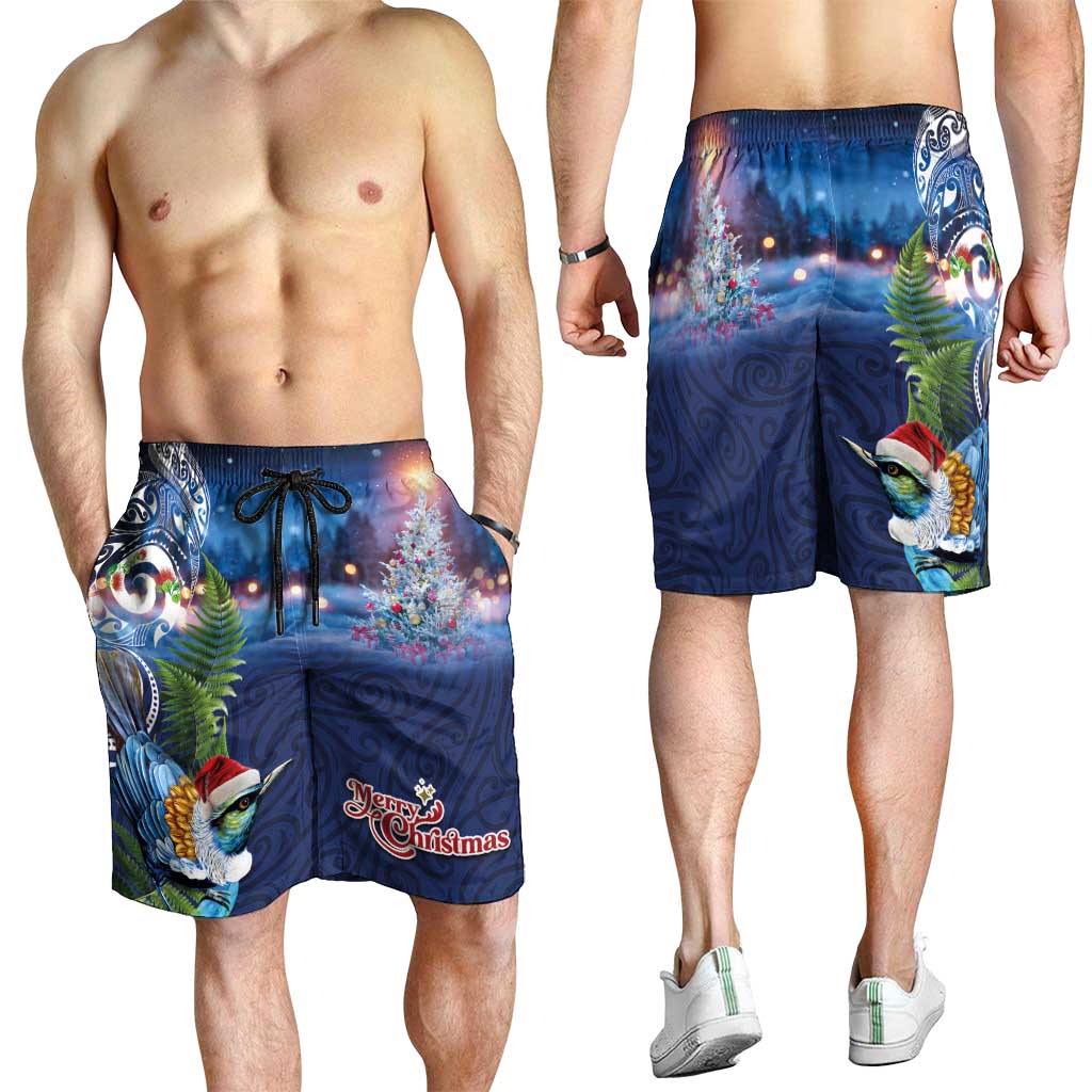 New Zealand Merry Christmas Shorts for Men Maori Tribal Pattern with Xmas Tui Bird