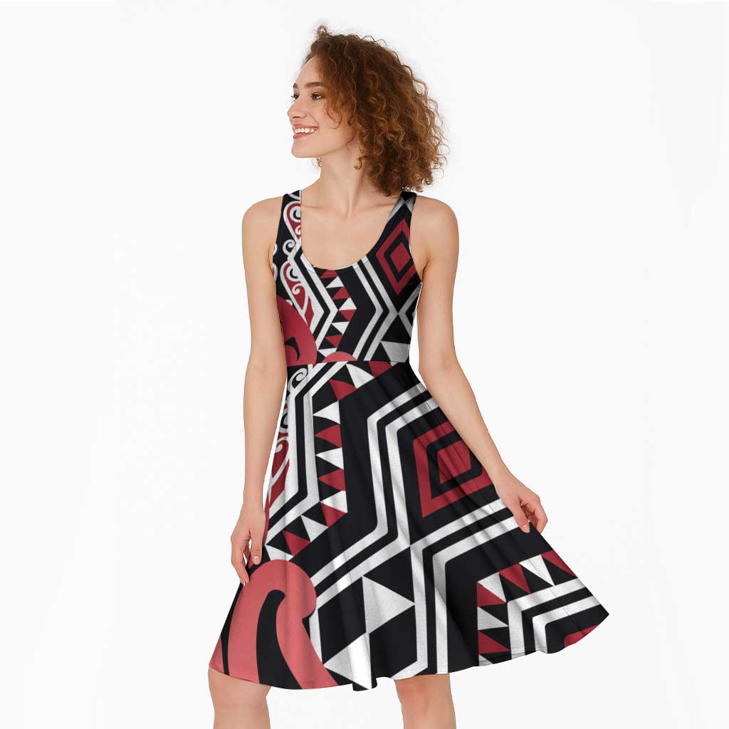 New Zealand Midi Dress Aotearoa Kowhaiwhai Mix Taniko Art - Red LT14 - Polynesian Pride