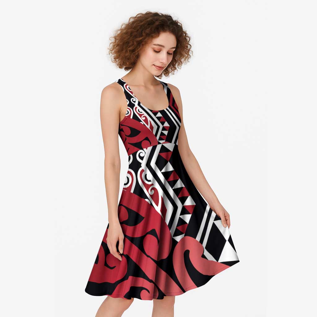 New Zealand Midi Dress Aotearoa Kowhaiwhai Mix Taniko Art - Red LT14 - Polynesian Pride