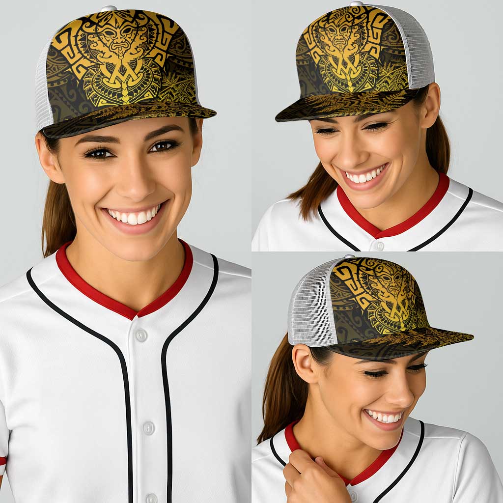 New Zealand Rugby All  Gold Baseball Net Cap Silver Fern All Black Mix Ta Moko - Polynesian Pride