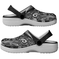 New Zealand Sea Animals Clogs Shoes with Maori Koru Tribal Tattoo and Silver Ferns Black Color