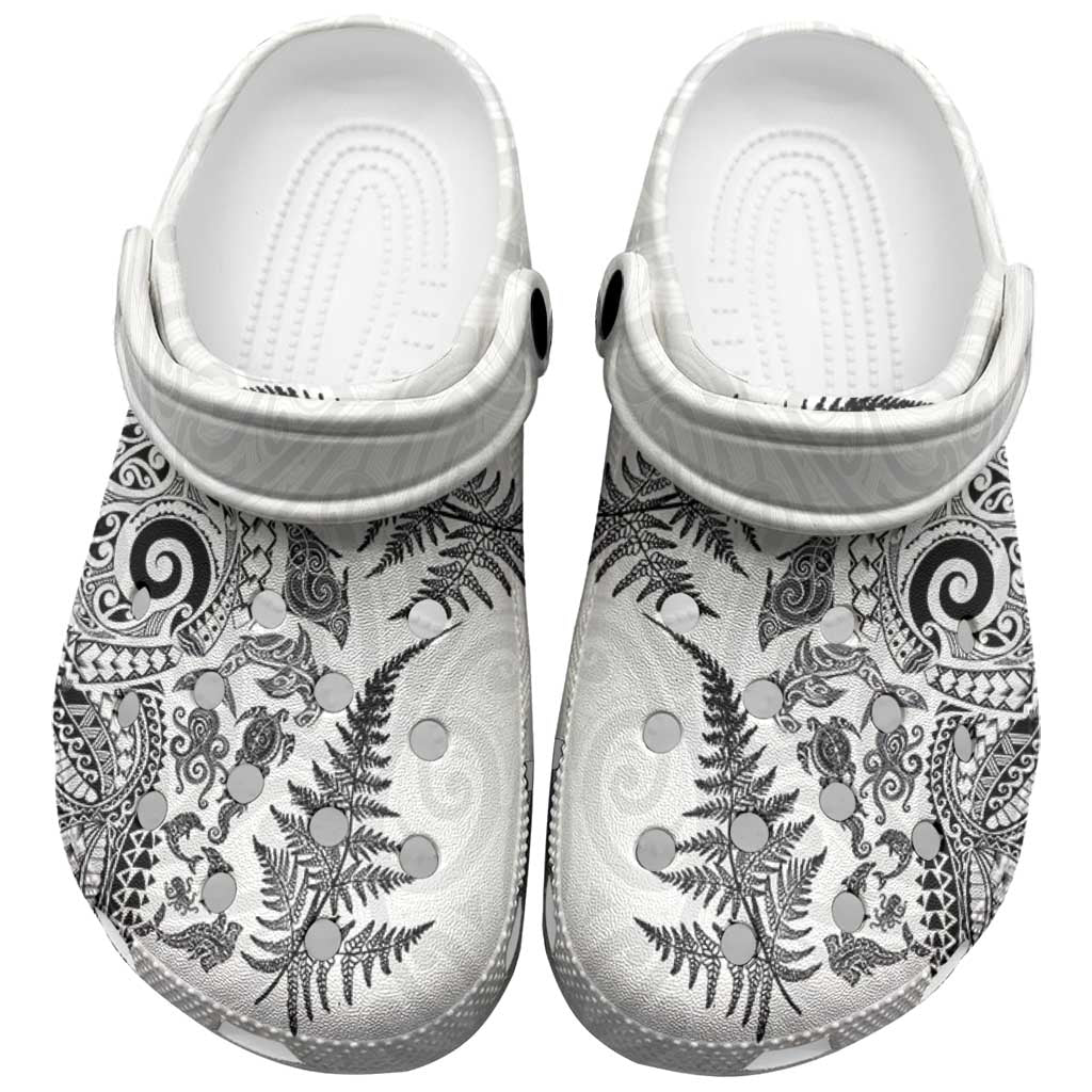 New Zealand Sea Animals Clogs Shoes with Maori Koru Tribal Tattoo and Silver Ferns White Color LT03 White - Polynesian Pride