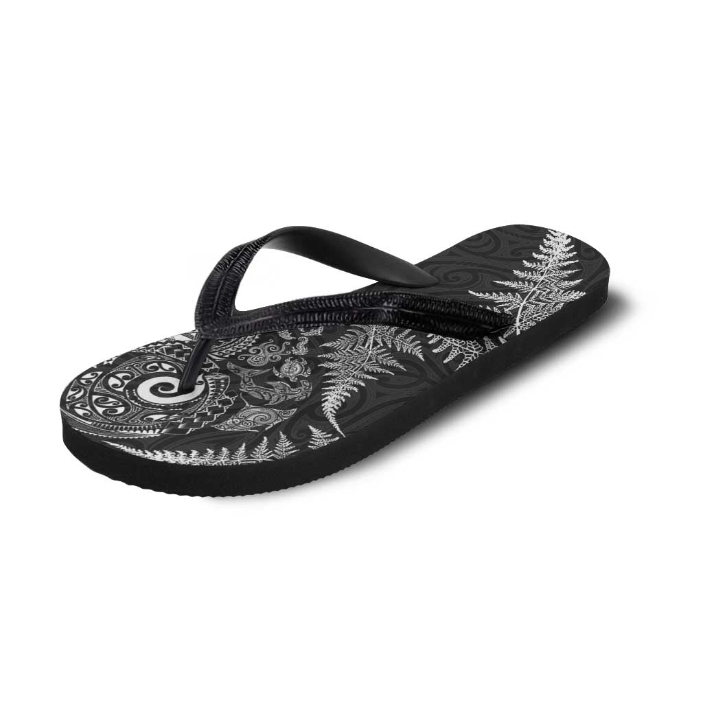New Zealand Sea Animals Flip Flops with Maori Koru Tribal Tattoo and Silver Ferns Black Color LT03 - Polynesian Pride