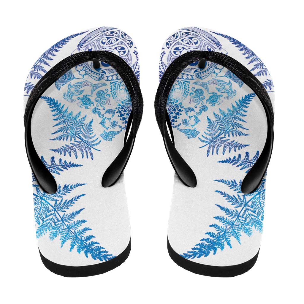 New Zealand Sea Animals Flip Flops with Maori Koru Tribal Tattoo and Silver Ferns Galaxy Style