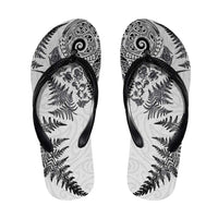 New Zealand Sea Animals Flip Flops with Maori Koru Tribal Tattoo and Silver Ferns White Color