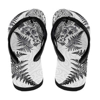 New Zealand Sea Animals Flip Flops with Maori Koru Tribal Tattoo and Silver Ferns White Color