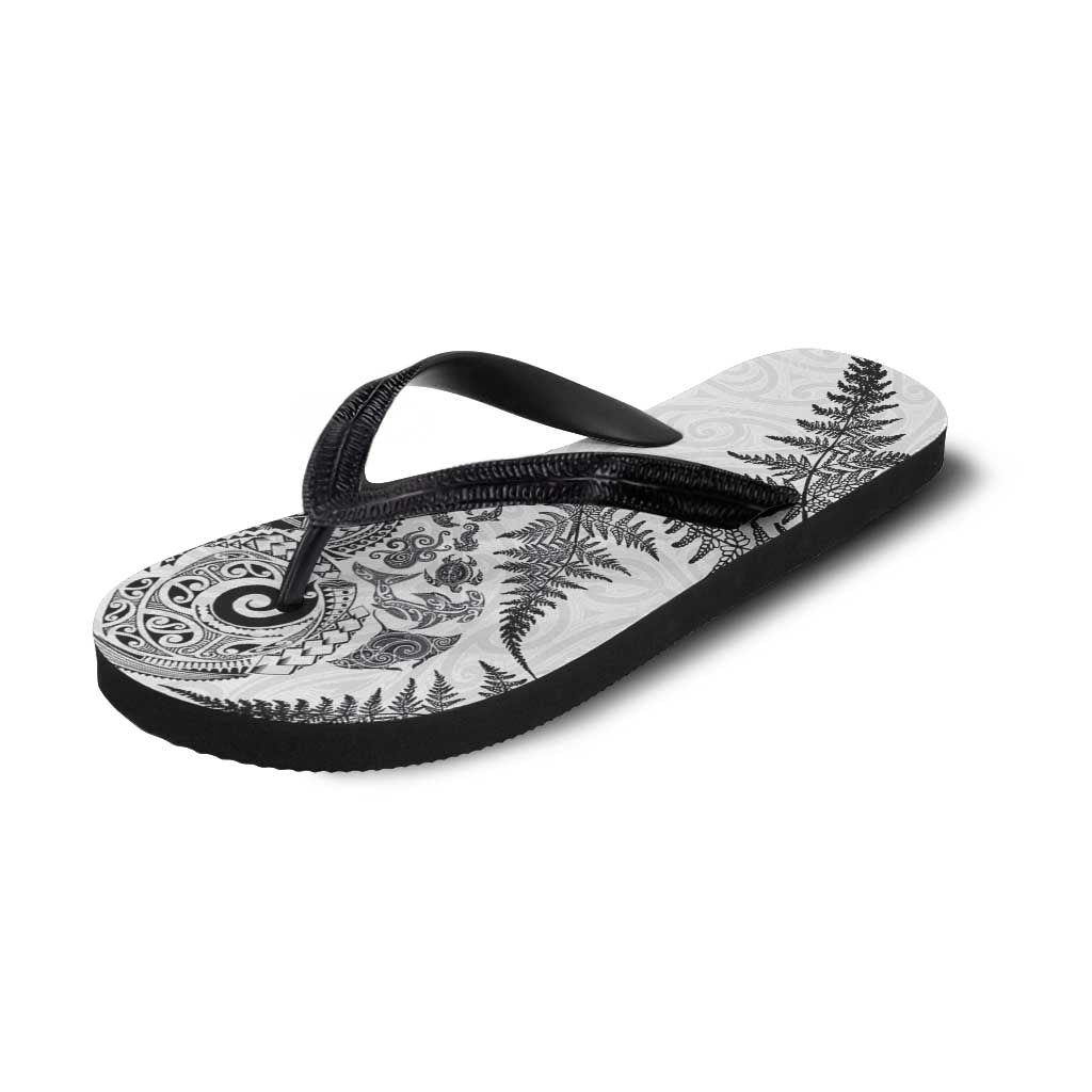 New Zealand Sea Animals Flip Flops with Maori Koru Tribal Tattoo and Silver Ferns White Color