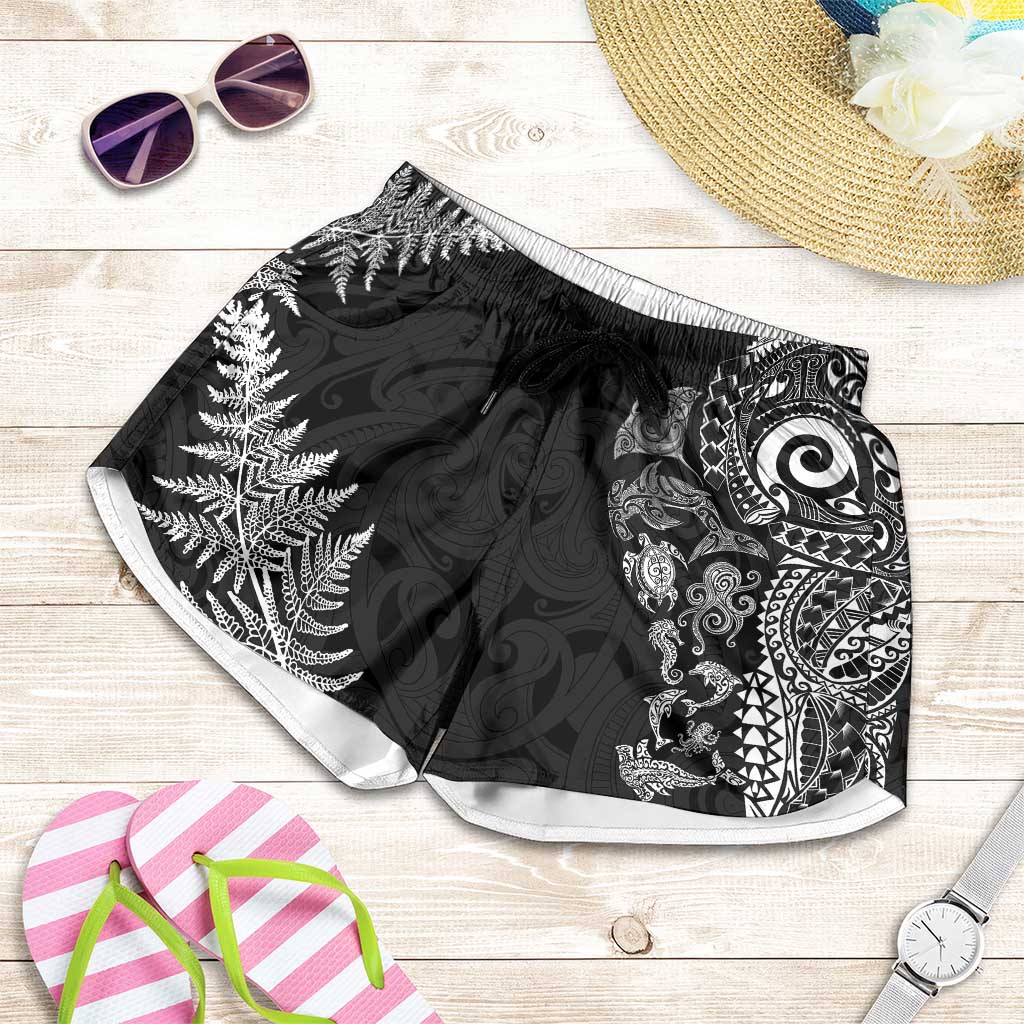 New Zealand Sea Animals Shorts for Women with Maori Koru Tribal Tattoo and Silver Ferns Black Color