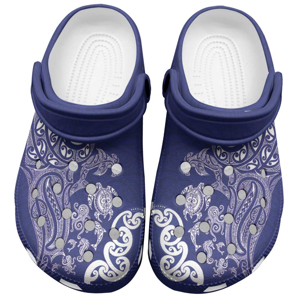 New Zealand Sea Animals with Maori Tribal Tattoo Clogs Shoes Blue Color LT03