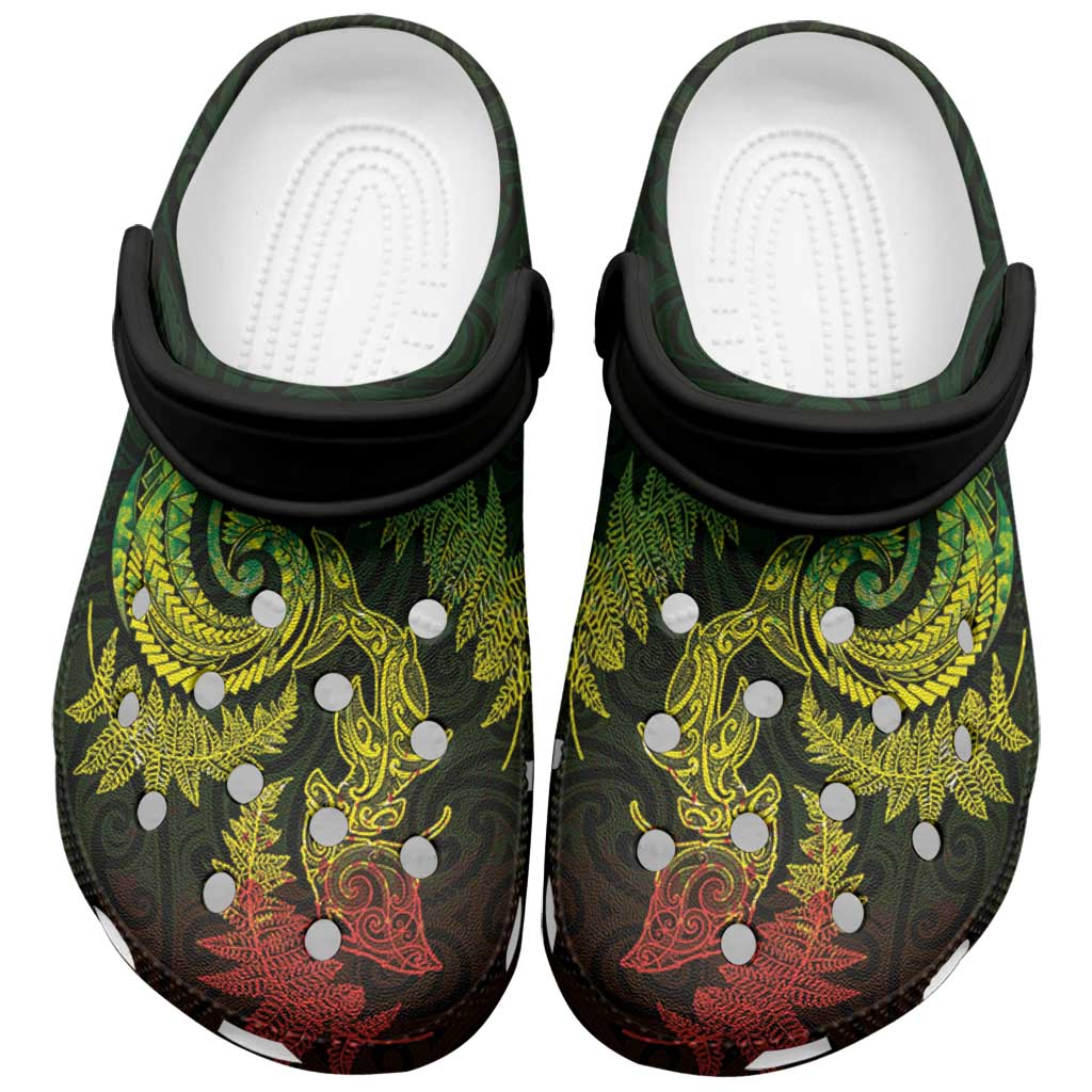 New Zealand Sea Animals with Maori Tribal Tattoo Clogs Shoes Shark Manta Ray with Silver Fern Reggae