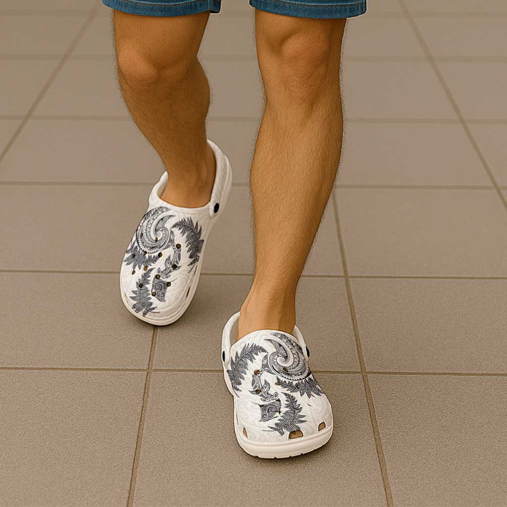 New Zealand Sea Animals with Maori Tribal Tattoo Clogs Shoes Shark Manta Ray with Silver Fern White