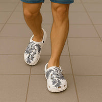 New Zealand Sea Animals with Maori Tribal Tattoo Clogs Shoes Shark Manta Ray with Silver Fern White