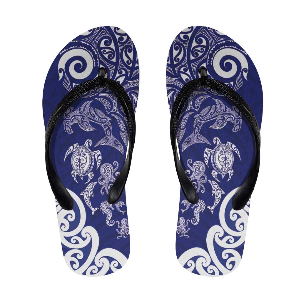 New Zealand Sea Animals with Maori Tribal Tattoo Flip Flops Blue Color