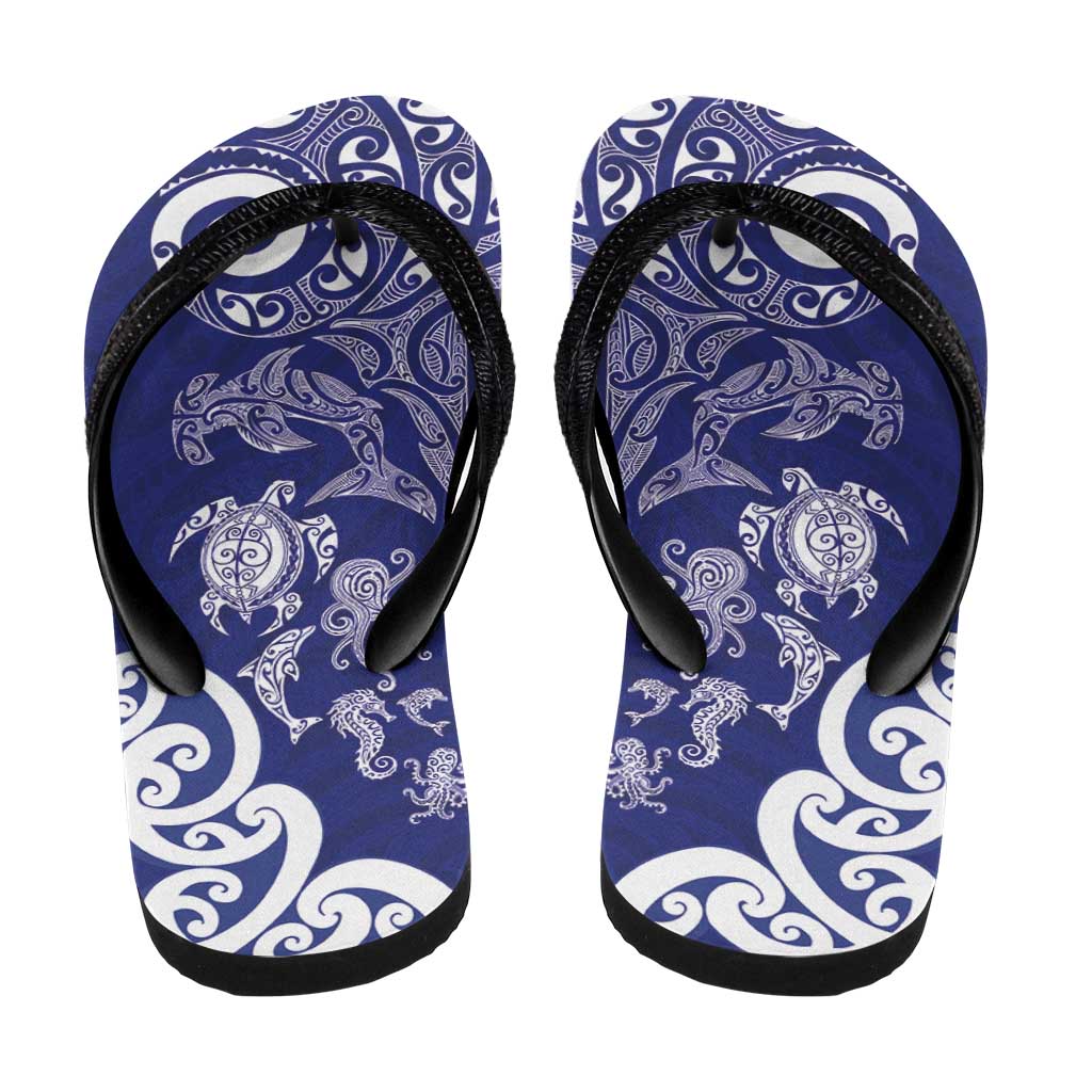 New Zealand Sea Animals with Maori Tribal Tattoo Flip Flops Blue Color