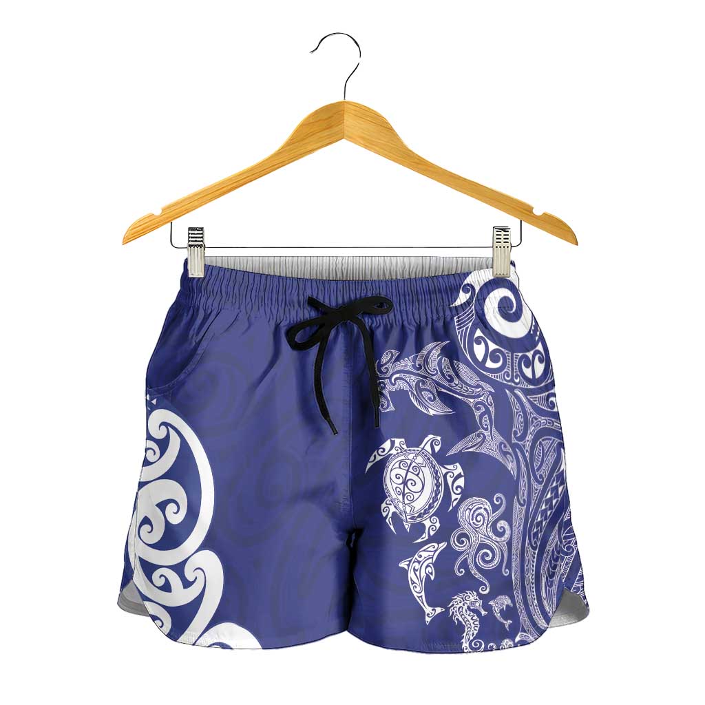 New Zealand Sea Animals with Maori Tribal Tattoo Shorts for Women Blue Color