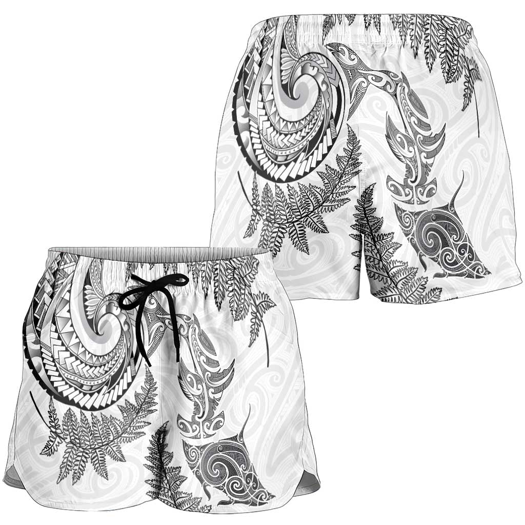 New Zealand Sea Animals with Maori Tribal Tattoo Shorts for Women Shark Manta Ray with Silver Fern White