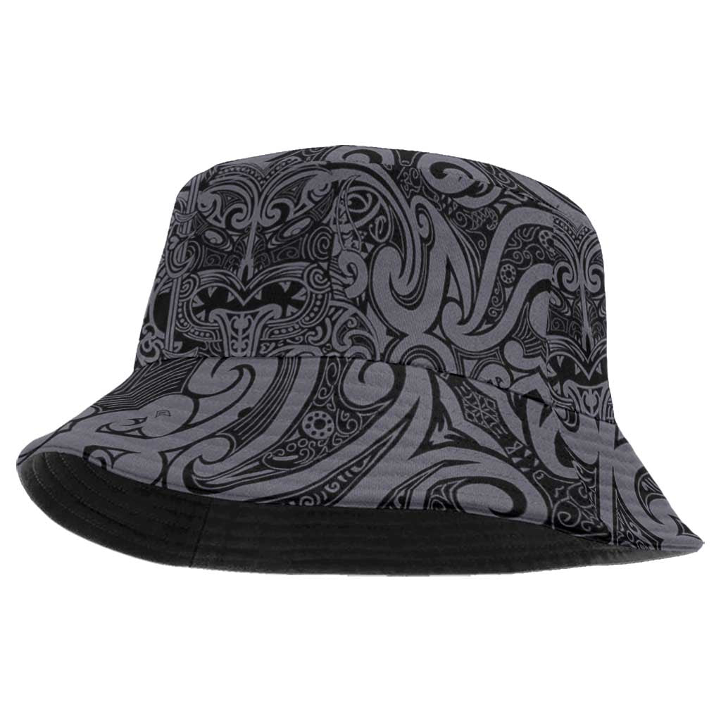 New Zealand Taiaha Maori Bucket Hat Minimalist Silver Fern All Black LT9