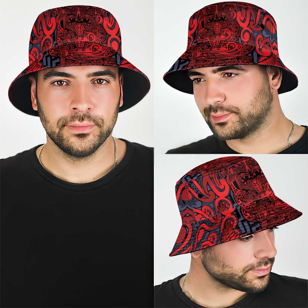 New Zealand Taiaha Maori Bucket Hat Whero Minimalist Silver Fern Tukutuku Motif