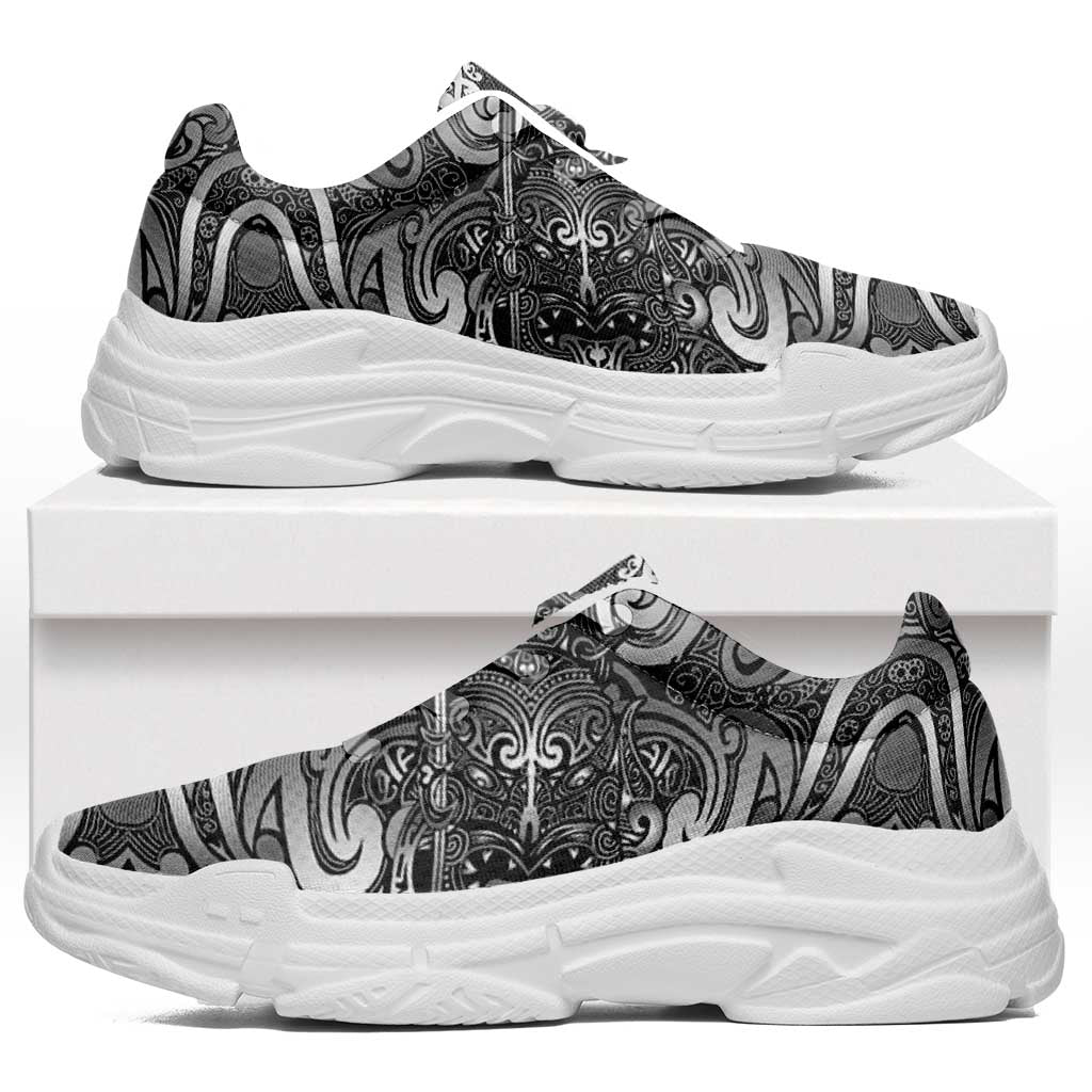 New Zealand Taiaha Maori Chunky Sneakers Kiwikiwi Minimalist Silver Fern Tukutuku Motif